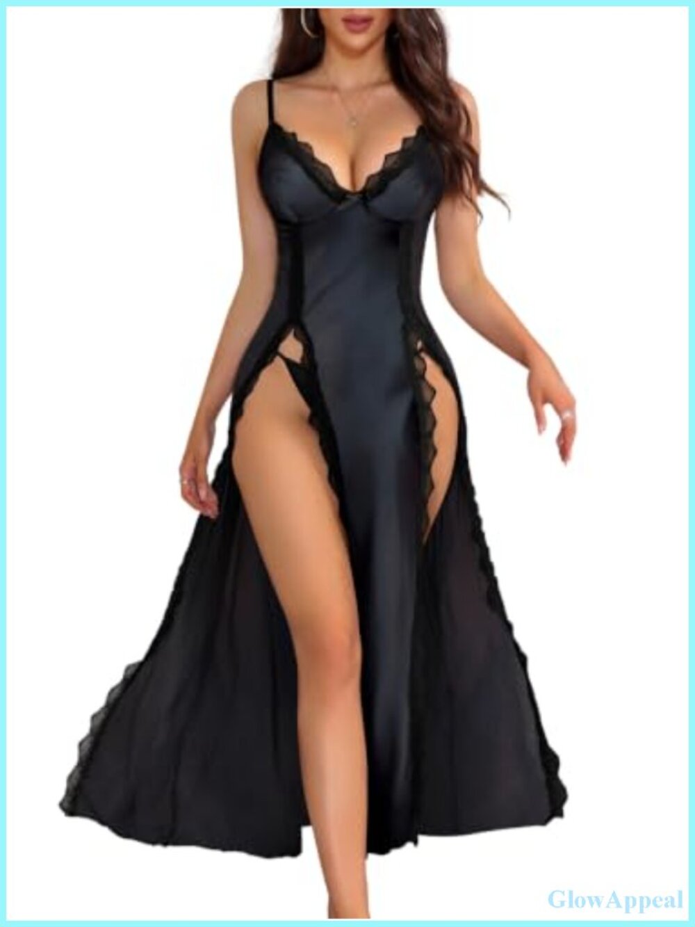 Satin Look Sleeveless Nightgown with Thong 2 Piece Set V-Neck
